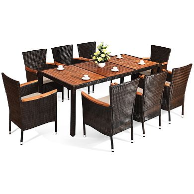 9 Pieces Rattan Dining Set With Acacia Wood Table And Stackable Cushioned Chairs