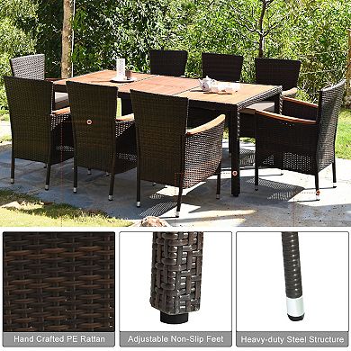 9 Pieces Rattan Dining Set With Acacia Wood Table And Stackable Cushioned Chairs