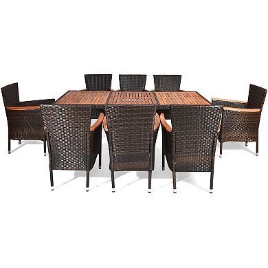 9 Pieces Rattan Dining Set With Acacia Wood Table And Stackable Cushioned Chairs