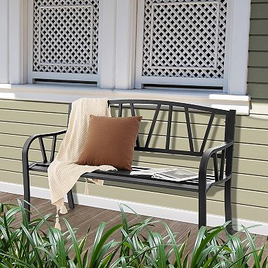 Patio Garden Bench With Metal Frame And Slatted Seat