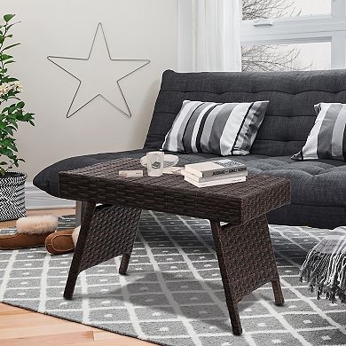 Folding Pe Rattan Side Coffee Table Patio Garden Furniture
