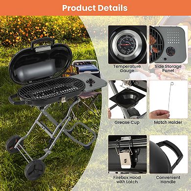 Portable Propane Bbq Grill With Wheels And Side Shelf-black