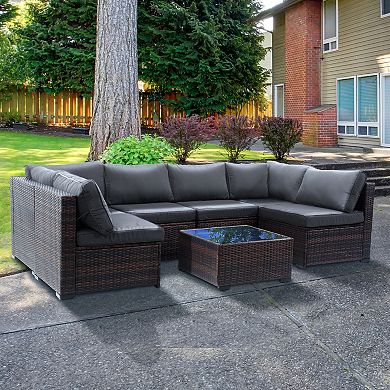 7 Piece Wicker Patio Furniture Set with Thick Cushions and Coffee Table