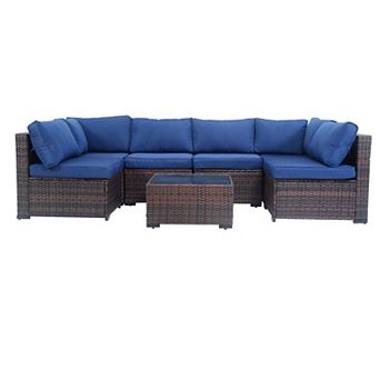 7 pc Wicker Patio Furniture Set with Thick Cushions and Coffee Table