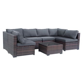 7 pc Wicker Patio Furniture Set with Thick Cushions and Coffee Table
