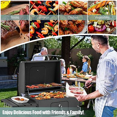 Outdoor BBQ Charcoal Grill with 2 Foldable Side Table and Wheels