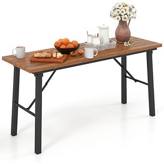 Folding Picnic Table Acacia Wood Dining Table with Metal Frame for Indoor Outdoor Activities