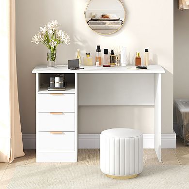 Home Office Desk with Power Outlet 3 Storage Drawers and Open Compartment-White