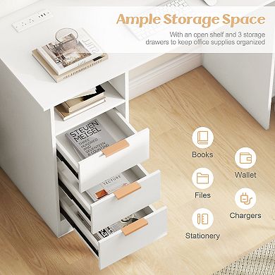 Home Office Desk with Power Outlet 3 Storage Drawers and Open Compartment-White