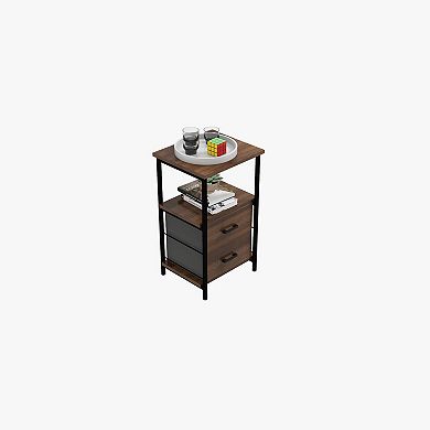 3-Tier Retro Nightstand with 2 Removable Fabric Drawers and Open Shelf-Walnut