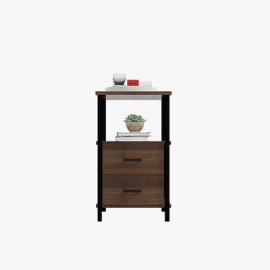 3-Tier Retro Nightstand with 2 Removable Fabric Drawers and Open Shelf-Walnut