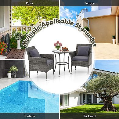 3 Piece Patio Furniture Set with Cushioned Chairs and Glass Table