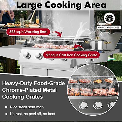 50000BTU 5-Burner Propane Gas Grill with Side Burner and 2 Prep Tables-Silver