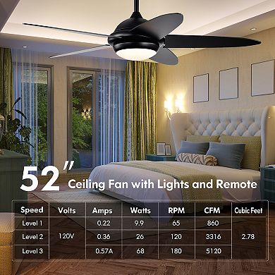 52 Inch Ceiling Fan with Lights and 3 Lighting Colors-Black