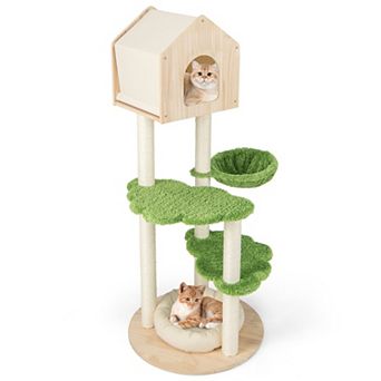 55 Inch Tall Cat Climbing Stand with Sisal Scratching Posts and Soft Cat Bed-Green