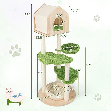 55 Inch Tall Cat Climbing Stand with Sisal Scratching Posts and Soft Cat Bed-Green