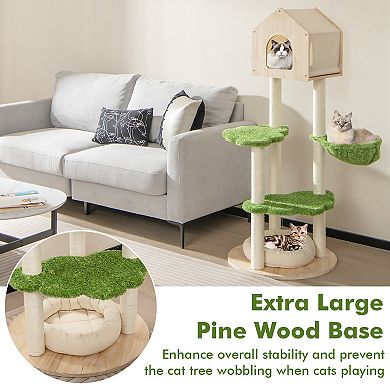 55 Inch Tall Cat Climbing Stand with Sisal Scratching Posts and Soft Cat Bed-Green