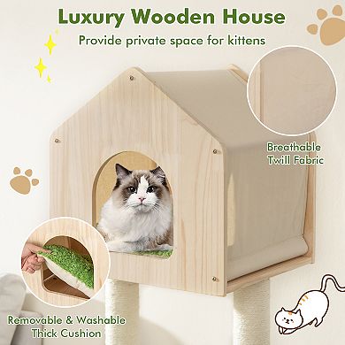 55 Inch Tall Cat Climbing Stand with Sisal Scratching Posts and Soft Cat Bed-Green