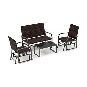 4 pc Patio Gliding Set Wicker Swing Glider Furniture Set witrh Tempered Glass Coffee Table-Brown