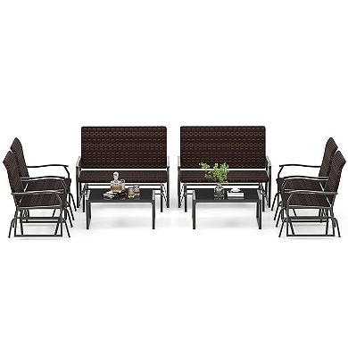 4 Piece Patio Gliding Set Wicker Swing Glider Furniture Set witrh Tempered Glass Coffee Table-Brown