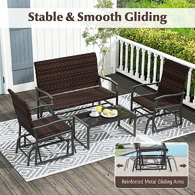 4 Piece Patio Gliding Set Wicker Swing Glider Furniture Set witrh Tempered Glass Coffee Table-Brown