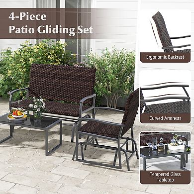 4 Piece Patio Gliding Set Wicker Swing Glider Furniture Set witrh Tempered Glass Coffee Table-Brown