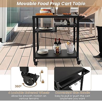 Rolling Grill Cart 3-Shelf BBQ Cart with Hooks and Side Handle-Black