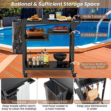 Rolling Grill Cart 3-Shelf BBQ Cart with Hooks and Side Handle-Black