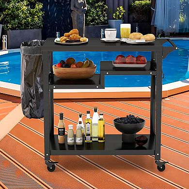 Rolling Grill Cart 3-Shelf BBQ Cart with Hooks and Side Handle-Black