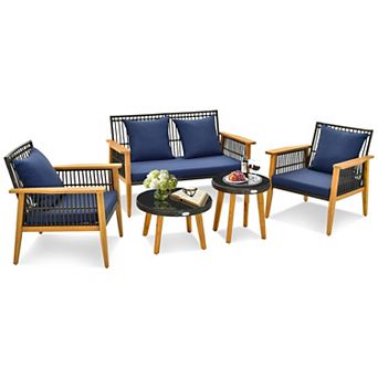 5 pc Outdoor Conversation Set with 2 Coffee Tables for Backyard Poolside-Navy