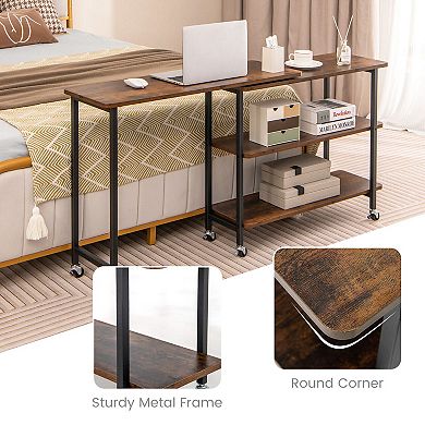 360° Rotating Sofa Side Table with 2-Tier Storage Shelves-Rustic Brown
