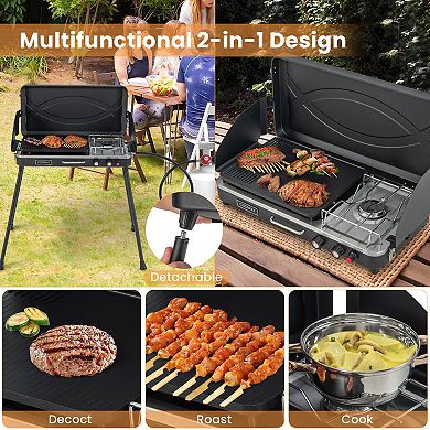 2 In 1 Portable Camping Grill Stove With Dual Burners And Detachable Legs