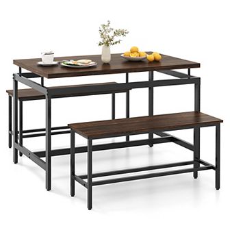 3 pc Dining Table Set with Wooden Kitchen Table and 2 Benches-Brown
