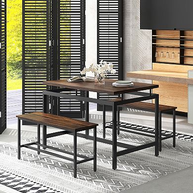 3 Pieces Dining Table Set with Wooden Kitchen Table and 2 Benches-Brown
