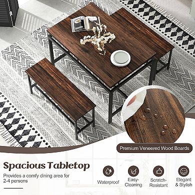 3 Pieces Dining Table Set with Wooden Kitchen Table and 2 Benches-Brown