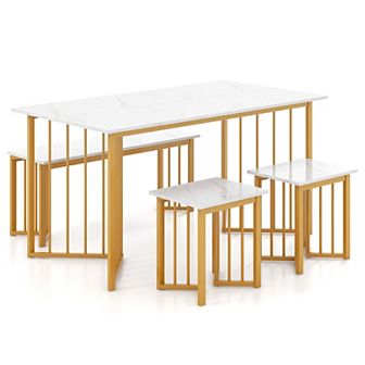 4 pc Dining Table Set with Bench and 2 Stools-White