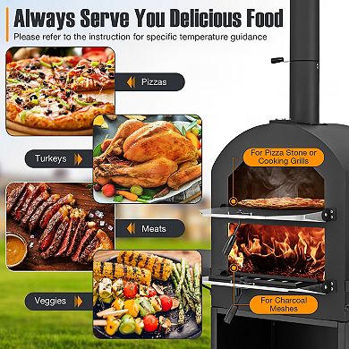 Outdoor Pizza Oven with Protective Cover and Grill Racks and Built-in Thermometer