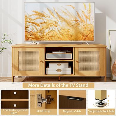 Boho TV Stand for TV up to 55 Inches with Faux Rattan Door-Natural