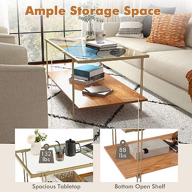 2 Tiers Rectangle Glass Coffee Table with White and Gold Steel Frame-Golden