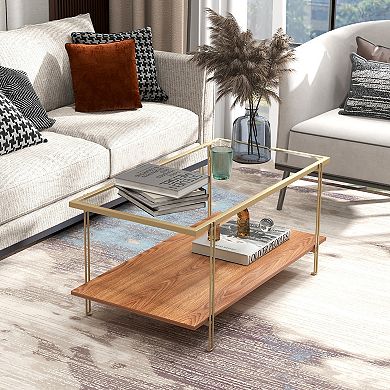 2 Tiers Rectangle Glass Coffee Table with White and Gold Steel Frame-Golden