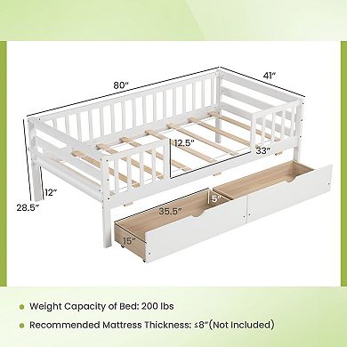 Twin Daybed with Fence and 2 Drawers Kids Bed for Boys & Girls-White