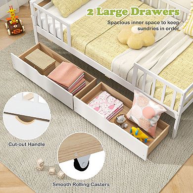 Twin Daybed with Fence and 2 Drawers Kids Bed for Boys & Girls-White