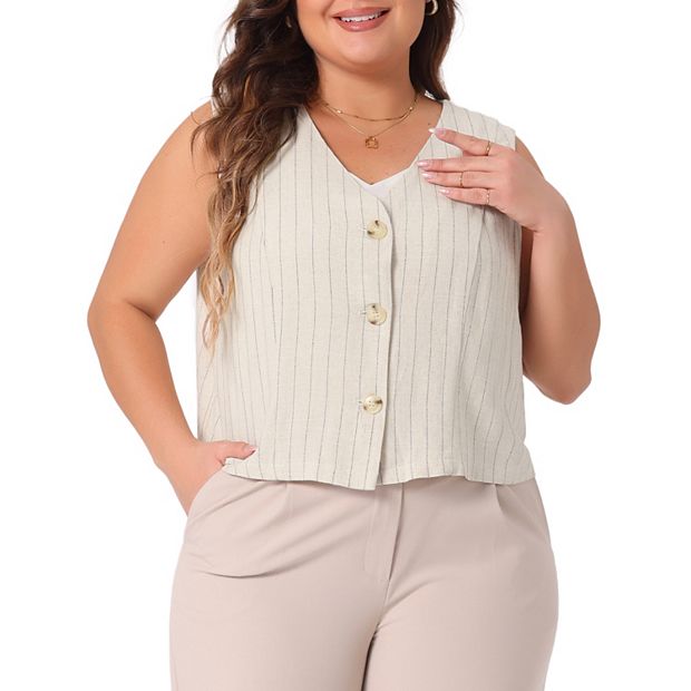 Plus Size Linen Vest for Women Sleeveless Button Down V Neck Crop