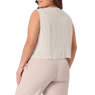 Plus Size Linen Vest for Women Sleeveless Button Down V Neck Crop Top Summer Waistcoat Vests