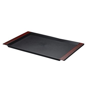 Japanese Style Plastic Rectangular Tray, 14.8"x9.7" Reusable Wood Grain Food Tea Serving Tray Black