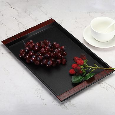 Japanese Style Plastic Rectangular Tray, 14.8"x9.7" Reusable Wood Grain Food Tea Serving Tray Black