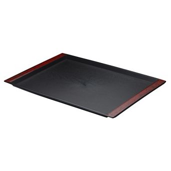 Japanese Style Plastic Rectangular Tray, 16.7"x11.5" Reusable Wood Grain Food Tea Serving Tray Black