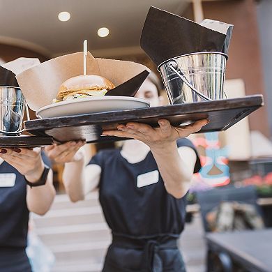 Japanese Style Plastic Rectangular Tray, 16.7"x11.5" Reusable Wood Grain Food Tea Serving Tray Black