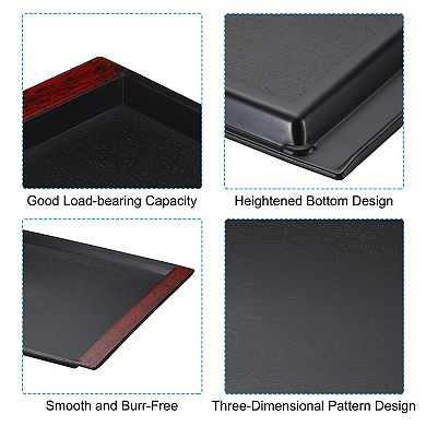 Japanese Style Plastic Rectangular Tray, 16.7"x11.5" Reusable Wood Grain Food Tea Serving Tray Black