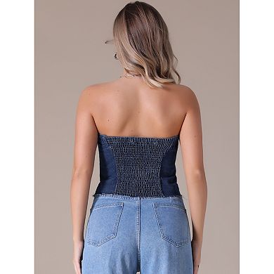 Women's Denim Corset Top Button Front Raw Hem Smocked Back Crop Tube Tops